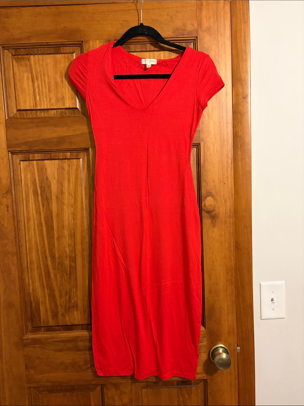 See You Monday Red V-Neck Midi Dress with Cap Sleeves